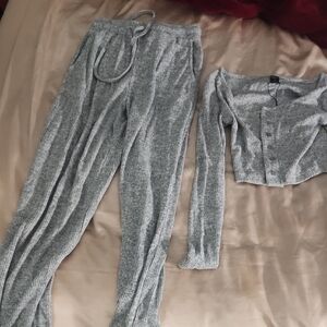 Gray Ribbed Two-Piece Lounge Set - Long Sleeve Crop Top & Pants